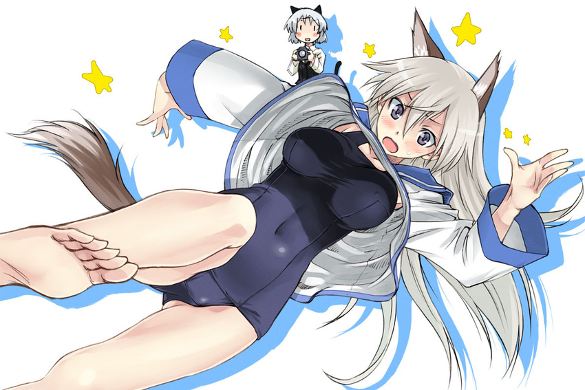 animal_ears barefoot blush blush_stickers breasts camera chibi cosplay covered_navel covered_nipples dutch_angle eila_ilmatar_juutilainen feet grey_hair large_breasts long_hair miyafuji_yoshika miyafuji_yoshika_(cosplay) multiple_girls navel no_pants one-piece_swimsuit open_mouth sanya_v_litvyak satou_atsuki school_swimsuit shadow single-lens_reflex_camera soles star strike_witches sweatdrop swimsuit swimsuit_under_clothes tail taut_clothes taut_swimsuit toes upshirt world_witches_series