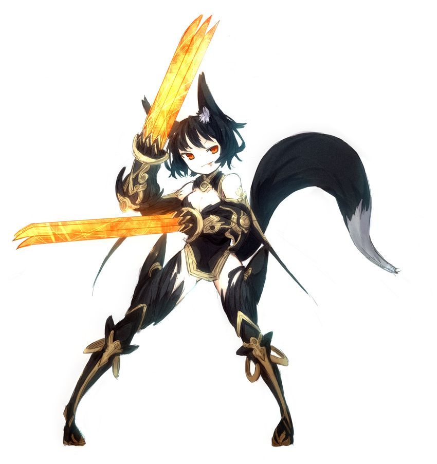 :p animal_ears armor bad_id bad_pixiv_id bare_shoulders black_hair black_legwear breasts claw_(weapon) claws cleavage fighting_stance fire flame fox_ears fox_tail ganesagi gauntlets greaves highres leotard medium_breasts orange_eyes original red_eyes short_hair simple_background solo spread_legs standing tail thighhighs tongue tongue_out weapon white_background