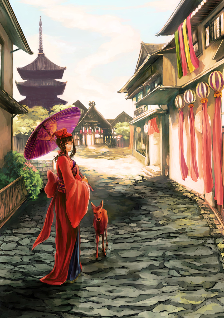 absurdres animal architecture bad_id bad_pixiv_id blue_sky brown_eyes brown_hair day deer east_asian_architecture from_behind highres japanese_clothes kimono long_hair oriental_umbrella original outdoors pagoda parasol path road sky smile solo standing tsuyomaru umbrella