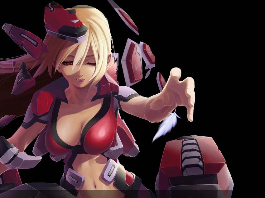 blonde_hair breasts cleavage cosmic_break crimrose damaged feathers highres koharu_nosuke large_breasts mecha_musume midriff navel reaching red_eyes solo