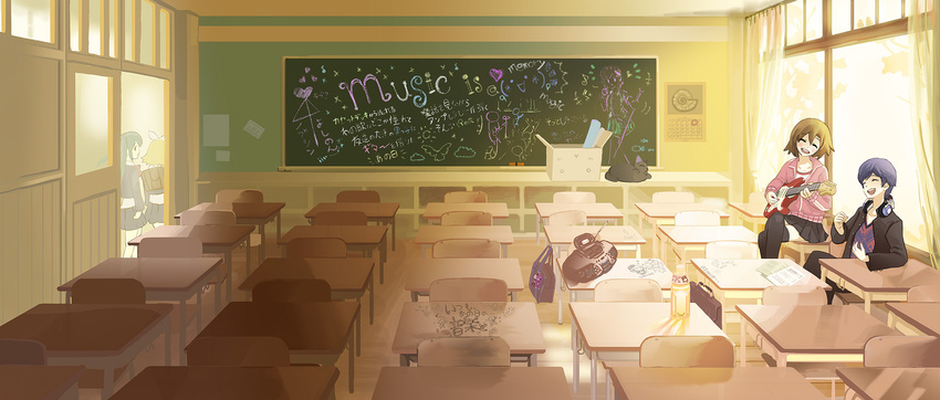 3girls bag blue_hair bottle box brown_hair cardboard_box cat chair chalkboard classroom crossed_legs guitar hatsune_miku headphones headphones_around_neck highres indoors instrument kagamine_rin kaito kanipanda meiko multiple_girls radio short_hair sitting skirt smile thighhighs vocaloid zettai_ryouiki