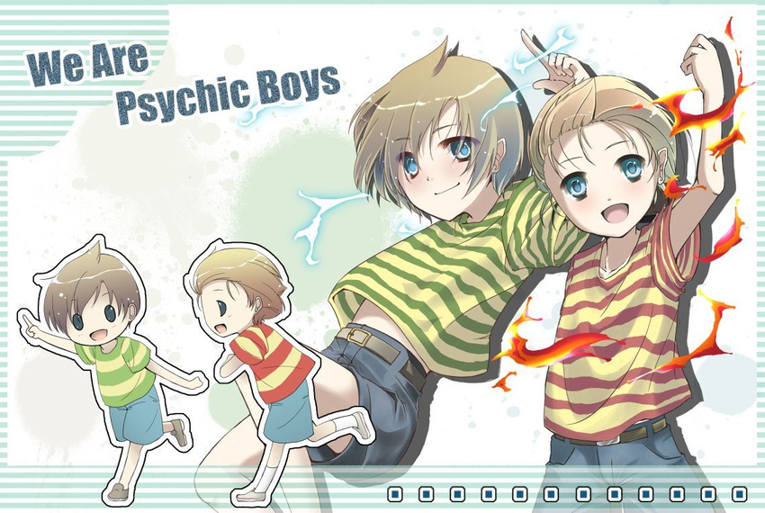 arm_up belt blonde_hair blue_eyes brothers brown_hair chibi claus karasuuri lucas male_focus mother_(game) mother_3 multiple_boys quiff running shorts siblings smile striped twins