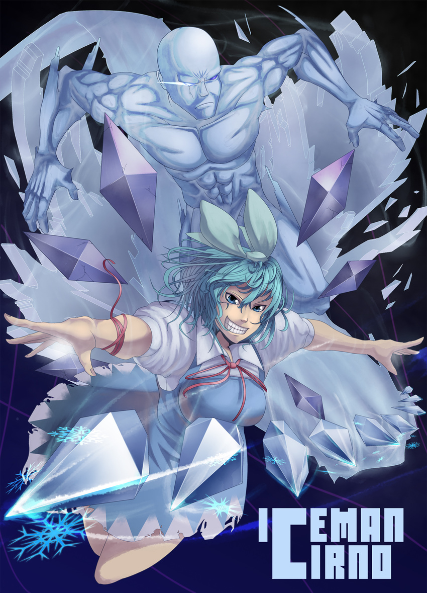 1girl bad_id bad_pixiv_id blue_eyes blue_hair bow breasts character_name cirno crossover grin hair_bow highres ice iceman_(x-men) large_breasts marvel older power_connection ribbon shelly_(artist) short_hair smile teeth touhou x-men