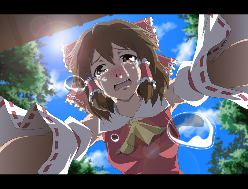 blush bow brown_eyes brown_hair cloud commentary crying crying_with_eyes_open day detached_sleeves from_below hair_bow hakurei_reimu lens_flare letterboxed pov runny_nose sky snot solo sun taishi_(moriverine) tears touhou wavy_mouth