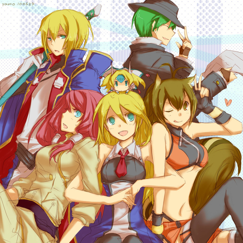 4girls animal_ears bad_id bad_pixiv_id blazblue blonde_hair brown_eyes brown_hair chibi coat fedora green_eyes green_hair hat hazama highres jin_kisaragi katana long_hair makoto_nanaya midriff mu-12 multiple_boys multiple_girls necktie noel_vermillion red_hair skirt smile squirrel_ears squirrel_tail sword tail thighhighs tsubaki_yayoi uniform weapon yamo_(sky2world)