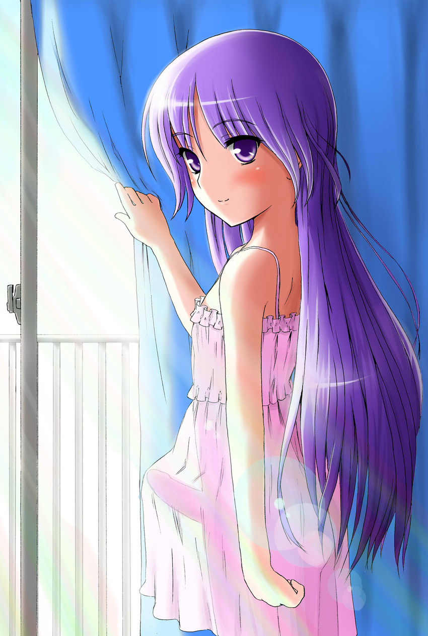 absurdres crossdressing curtains erection erection_under_clothes happiness! highres lens_flare long_hair male_focus nightgown otoko_no_ko penis purple_eyes purple_hair solo standing takebi watarase_jun window