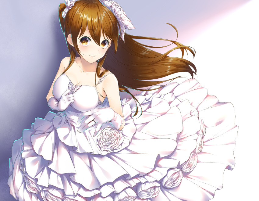 bad_id bad_pixiv_id bangs bare_shoulders blush breasts brown_eyes brown_hair cleavage closed_mouth collarbone commentary_request dress elbow_gloves eyebrows_visible_through_hair flower gloves hair_between_eyes highres jewelry layered_dress long_hair medium_breasts ogiso_setsuna pleated_dress ring rose sleeveless sleeveless_dress smile solo very_long_hair wakuta_chisaki wedding_band wedding_dress white_album_2 white_dress white_flower white_gloves white_rose