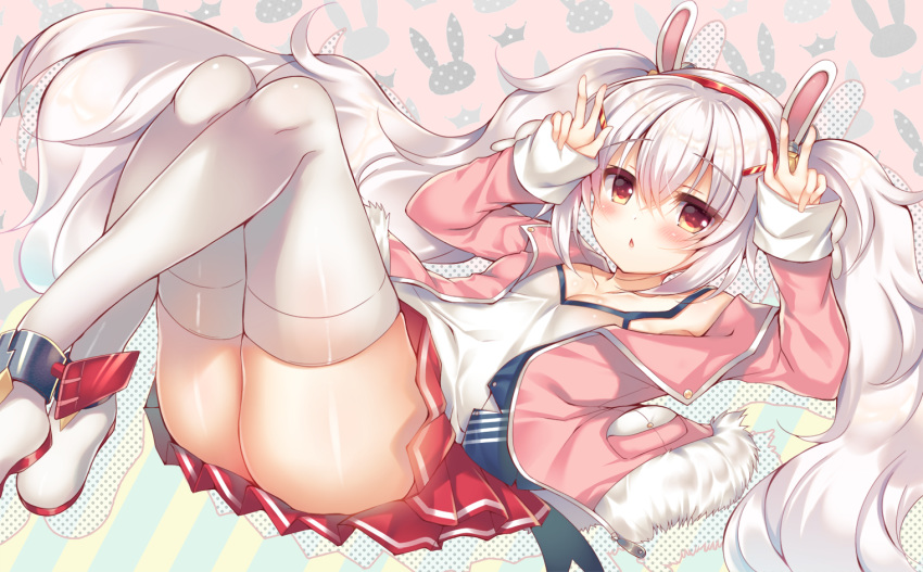 animal_ears ass azur_lane bangs blush boots bunny_ears camisole commentary_request double_w eyebrows_visible_through_hair fur_trim hairband halftone halftone_background hands_up jacket laffey_(azur_lane) legs_together long_sleeves looking_at_viewer lying on_back open_clothes open_jacket parted_lips pink_jacket pleated_skirt red_eyes red_skirt skirt sleeves_past_wrists solo suzune_rena thighhighs twintails w white_camisole white_hair white_legwear