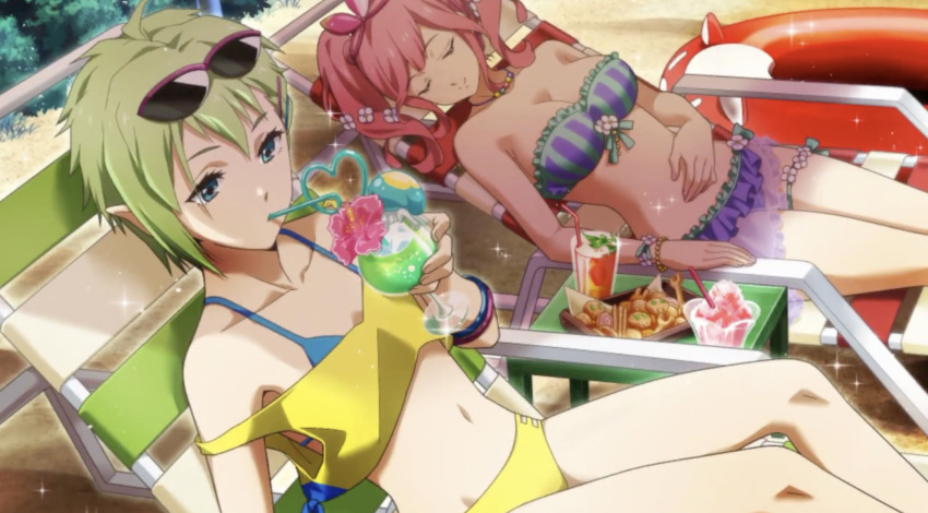 artist_request beach beach_chair bikini blue_eyes breasts closed_eyes drink drinking drinking_straw flower flower_in_drink frilled_bikini frills green_hair hand_on_own_stomach highres inflatable_toy jewelry jpeg_artifacts large_breasts macross macross_delta makina_nakajima multiple_girls navel necklace official_art pink_hair pointy_ears reina_prowler shaved_ice sleeping small_breasts snack sunglasses swimsuit twintails uta_macross_sumaho_deculture