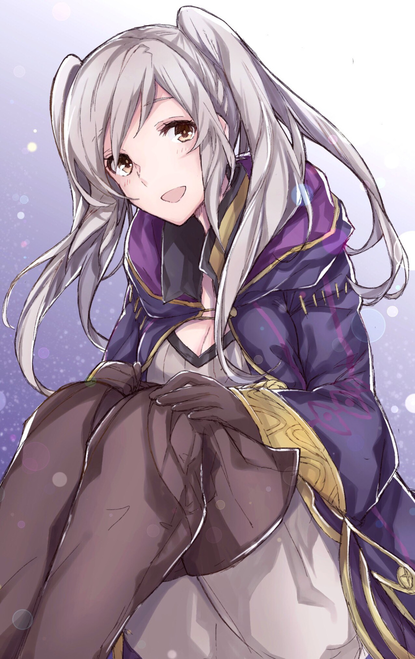 aiueo1234853 boots breasts brown_footwear brown_gloves cleavage commentary_request female_my_unit_(fire_emblem:_kakusei) fire_emblem fire_emblem:_kakusei gloves highres hood hood_down long_sleeves my_unit_(fire_emblem:_kakusei) open_mouth robe sitting solo twintails white_hair yellow_eyes