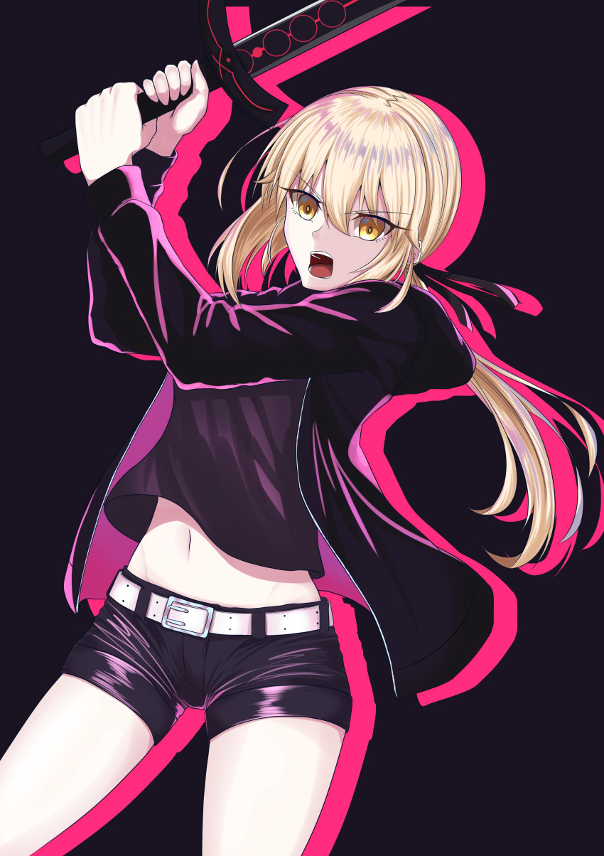 absurdres arms_up artoria_pendragon_(all) belt black_background black_jacket black_ribbon black_shirt black_shorts cowboy_shot dark_excalibur eyebrows_visible_through_hair fate/grand_order fate_(series) floating_hair groin hair_between_eyes hair_ribbon hayata_(ayasaki_index) highres holding holding_sword holding_weapon jacket long_hair midriff navel open_clothes open_jacket open_mouth ponytail ribbon saber_alter shadow shirt short_shorts shorts silver_hair simple_background solo stomach sword weapon yellow_eyes