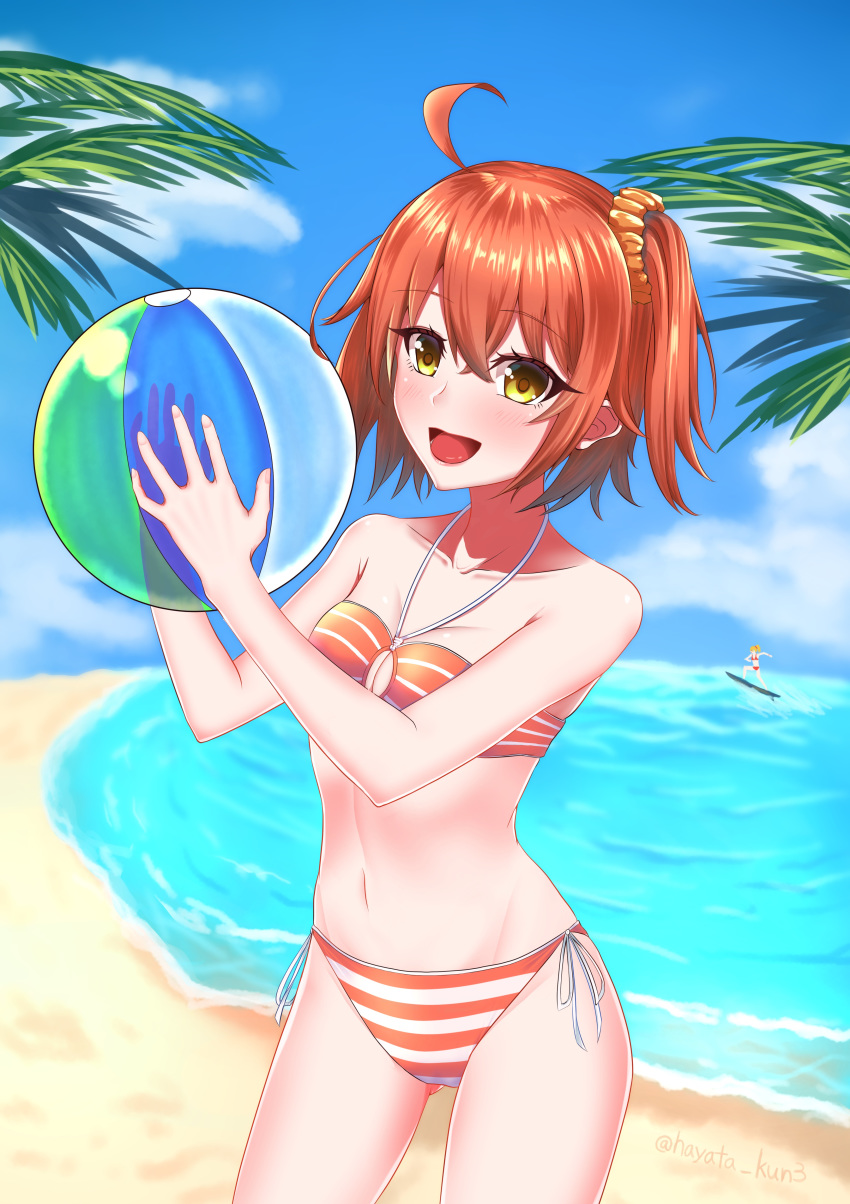 :d absurdres ahoge ass_visible_through_thighs ball bangs beach beachball bikini blonde_hair blue_sky blush breasts brilliant_summer cleavage cleavage_cutout cloud collarbone cowboy_shot day eyebrows_visible_through_hair fate/grand_order fate_(series) from_side fujimaru_ritsuka_(female) groin hair_between_eyes hair_ornament hair_scrunchie halter_top halterneck hands_up happy hayata_(ayasaki_index) high_ponytail highres hips holding holding_ball legs_apart looking_at_viewer mordred_(fate)_(all) mordred_(swimsuit_rider)_(fate) multiple_girls navel ocean one_side_up open_mouth orange_bikini orange_hair orange_scrunchie outdoors outstretched_arm parted_bangs ponytail red_bikini red_scrunchie ribbon scrunchie shiny shiny_hair shiny_skin short_hair side-tie_bikini sky small_breasts smile solo_focus standing straight_hair striped striped_bikini summer surfboard surfing swimsuit transparent tree_branch twitter_username water white_bikini white_ribbon yellow_eyes