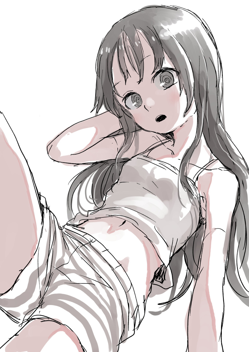 :o @_@ absurdres bare_shoulders blush boyshorts breasts camisole grey_eyes grey_hair hand_up highres long_hair midriff navel open_mouth original simple_background sketch small_breasts solo white_background yamamoto_souichirou