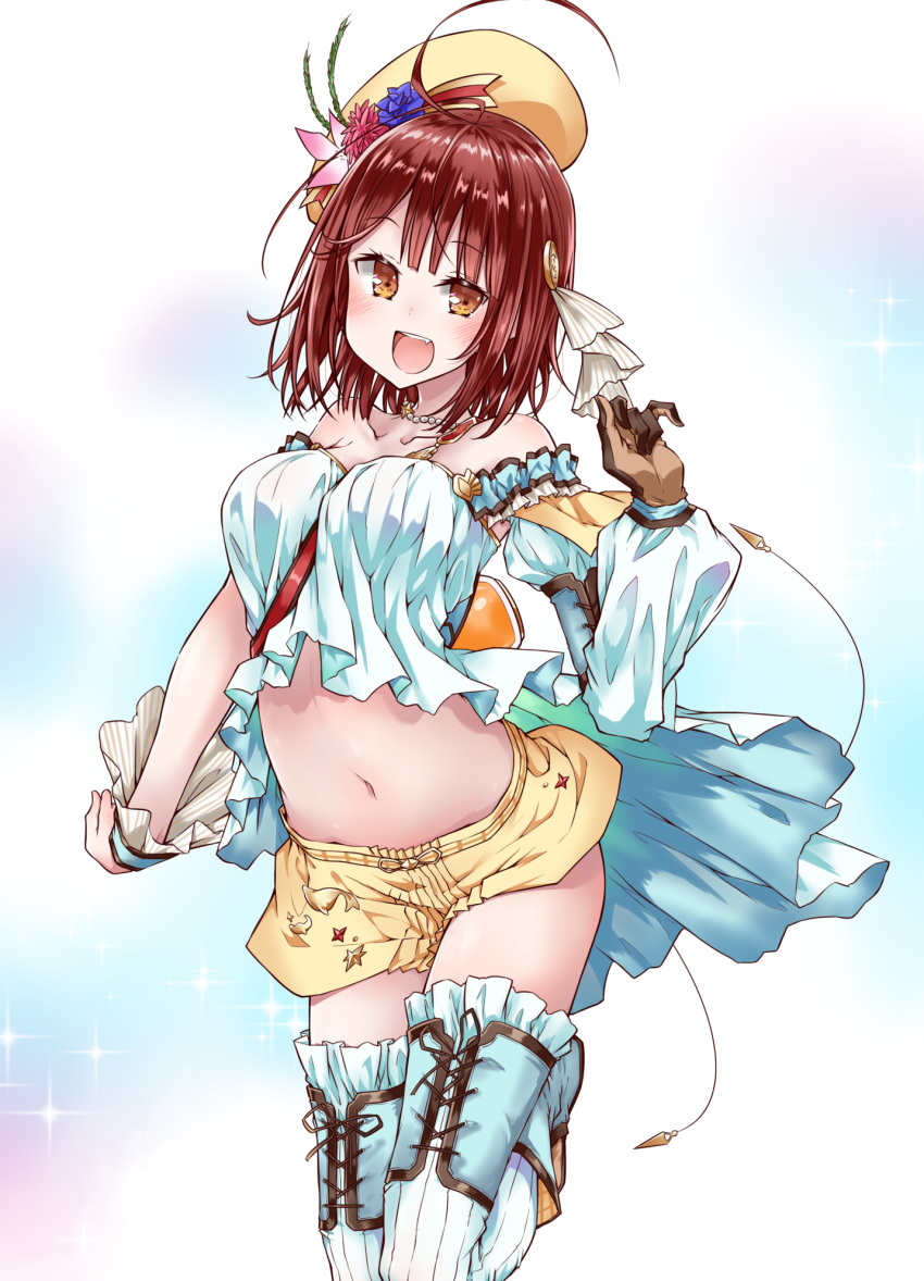 :d ahoge alt asymmetrical_gloves atelier_(series) atelier_sophie blue_flower blush breasts brown_eyes brown_gloves brown_hair collarbone crop_top detached_sleeves eyebrows_visible_through_hair flower gloves hair_ornament hat hat_flower highres jewelry leg_up looking_at_viewer medium_breasts midriff navel necklace open_mouth pink_flower red_flower shiny shiny_hair short_hair shorts smile solo sophie_neuenmuller standing standing_on_one_leg stomach strapless thigh_strap thighhighs white_background white_legwear wrist_cuffs yellow_hat