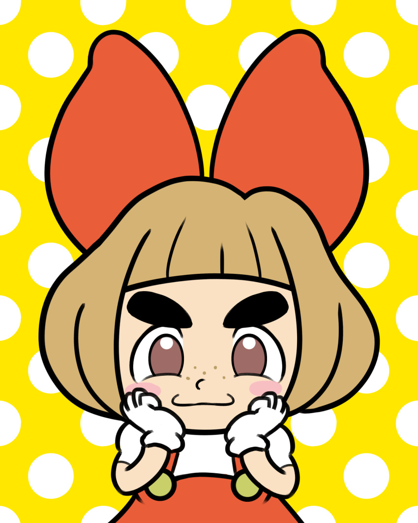 :3 bow brown_eyes brown_hair chibi child commentary_request eyebrows flat_color freckles gloves hair_bow hands_on_own_cheeks hands_on_own_face highres lulu_(warioware) malev polka_dot polka_dot_background short_hair smile solo thick_eyebrows v-shaped_eyebrows warioware