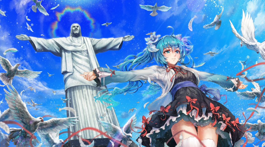 ahoge alternate_costume aqua_eyes aqua_hair bangs bird black_dress blue_sky bow christ_the_redeemer day dove dress eyebrows_visible_through_hair feathers floating_hair flower from_below glycyrrhizae hair_flower hair_ornament hatsune_miku highres jesus landmark layered_clothing legs_together lens_flare long_hair long_sleeves looking_away outdoors outstretched_arms panties pantyshot petticoat red_ribbon ribbon ribbon-trimmed_dress sash short_dress sky solo spread_arms statue thigh_gap thighhighs twintails underwear upskirt vocaloid white_legwear white_panties wide_shot