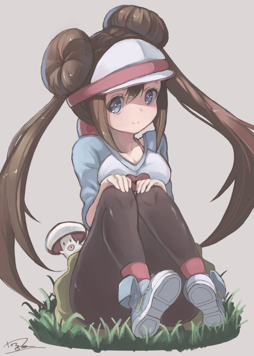 blue_eyes brown_hair convenient_leg double_bun foongus gen_5_pokemon grass grey_background hands_on_own_knees hat highres knees_up long_hair nene_(hong_kong) pantyhose pokemon pokemon_(creature) pokemon_special sidelocks sitting smile twintails whi-two_(pokemon) white_hat