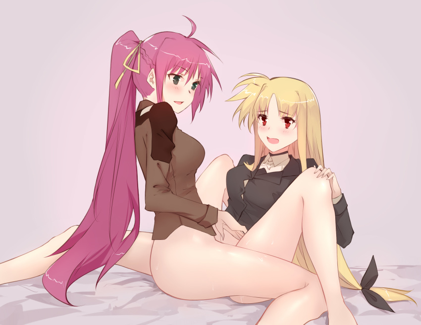 2girls black_eyes blonde_hair braids fate_testarossa hei_chuan_gui long_hair mahou_shoujo_lyrical_nanoha pink_hair ponytail red_eyes signum tribadism yuri