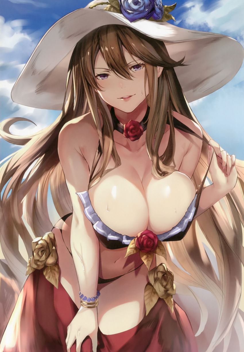 absurdres bare_arms bare_shoulders bead_bracelet beads between_breasts bikini black_bikini black_neckwear blue_flower blue_rose blue_sky bracelet breasts brown_hair choker cloud cloudy_sky collarbone cowboy_shot day fingernails flower frilled_bikini frills granblue_fantasy hair_between_eyes half-closed_eyes hand_on_lap hand_up hat hat_flower hat_ribbon highres jewelry large_breasts leaning_forward long_fingernails long_hair looking_at_viewer nail_polish navel outdoors parted_lips petals pink_lips pink_nails plant pulled_by_self purple_eyes red_flower red_rose ribbon rose rosetta_(granblue_fantasy) sarong scan sky smile sola_(solo0730) solo strap_pull sun_hat swimsuit teeth upper_teeth white_hat