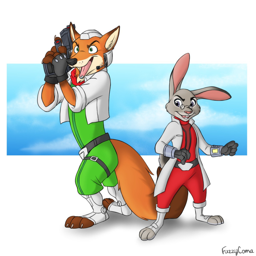 anthro armor canine clothed clothing cosplay crossover digital_media_(artwork) disney duo female fox fox_mccloud fuzzycoma helmet invalid_tag judy judy_hopps lagomorph male mammal nick nick_wilde nintendo open_mouth peppy_hare rabbit simple_background smile star_fox video_games weapon zootopia