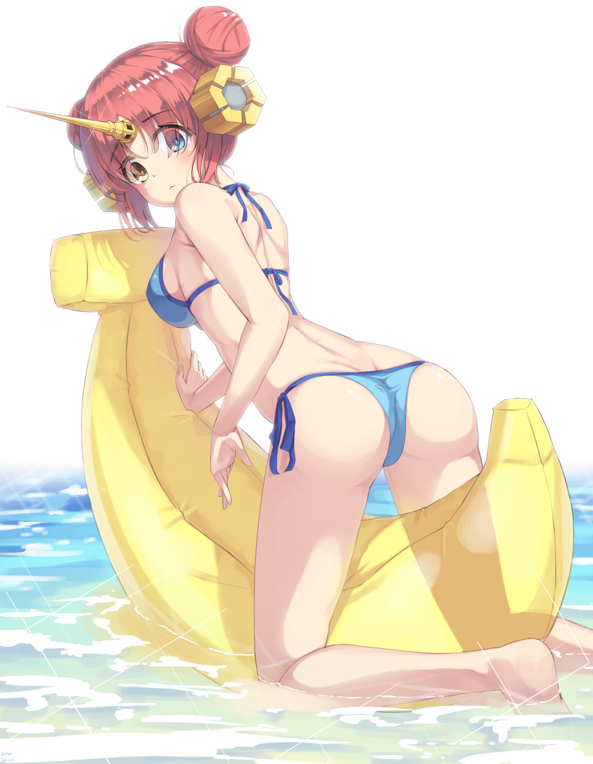 :&lt; absurdres arm_support ass back banana_boat bangs bare_arms bare_shoulders barefoot bikini blue_bikini blue_eyes blue_ribbon blush breasts closed_mouth commentary_request double_bun eyebrows_visible_through_hair eyes_visible_through_hair fate/grand_order fate_(series) feet_out_of_frame frankenstein's_monster_(fate) frankenstein's_monster_(swimsuit_saber)_(fate) from_behind heterochromia highres horn inflatable_toy kimyo kneeling leaning_forward looking_back medium_breasts parted_bangs pink_hair ribbon see-through_silhouette shallow_water shiny shiny_hair short_hair shoulder_blades side-tie_bikini sideboob solo swimsuit water yellow_eyes