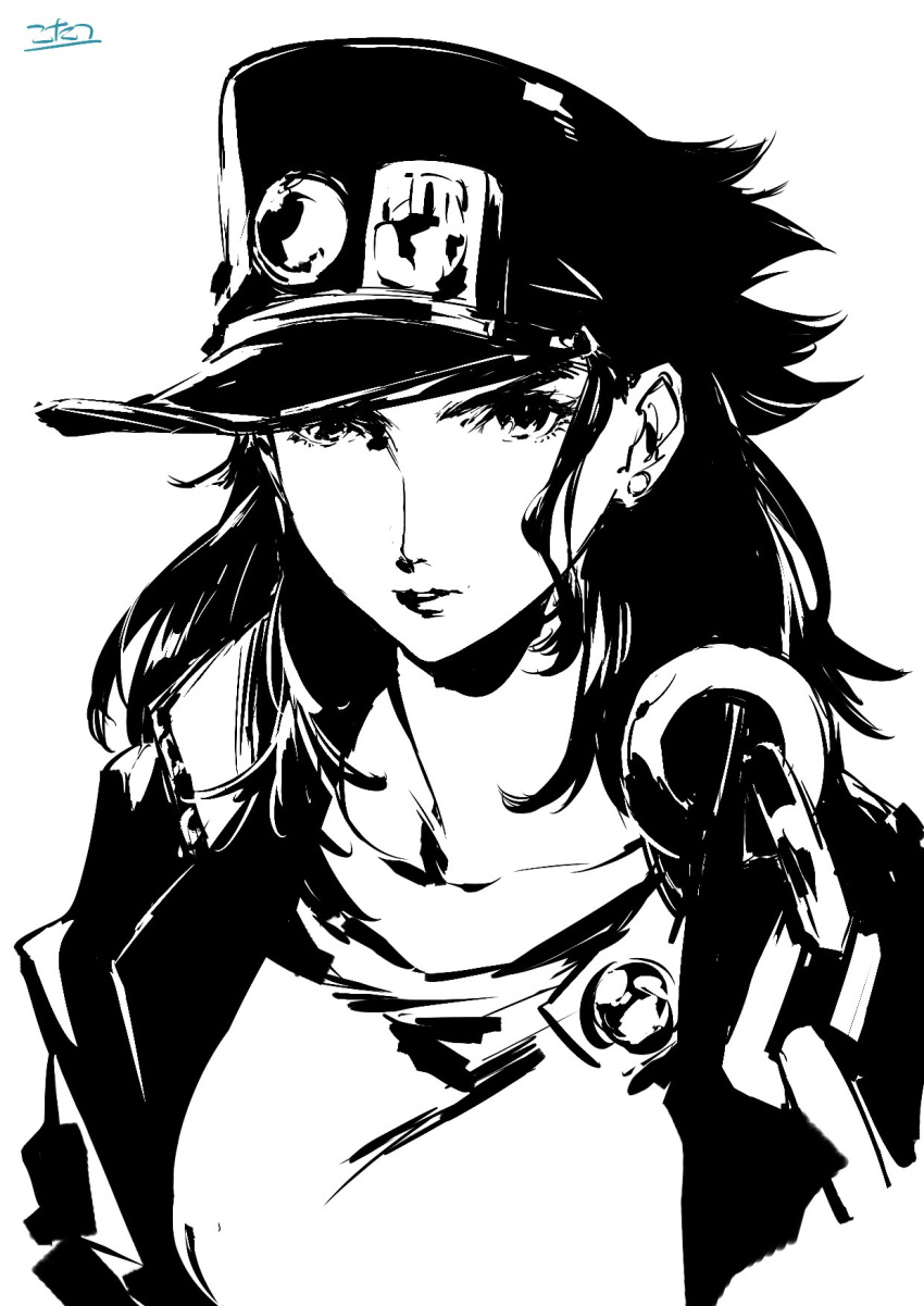 closed_mouth coat commentary_request genderswap genderswap_(mtf) greyscale hat hat_pin highres jojo_no_kimyou_na_bouken kotatsu_(g-rough) kuujou_joutarou looking_at_viewer monochrome open_clothes open_coat peaked_cap shirt simple_background solo stardust_crusaders upper_body white_background