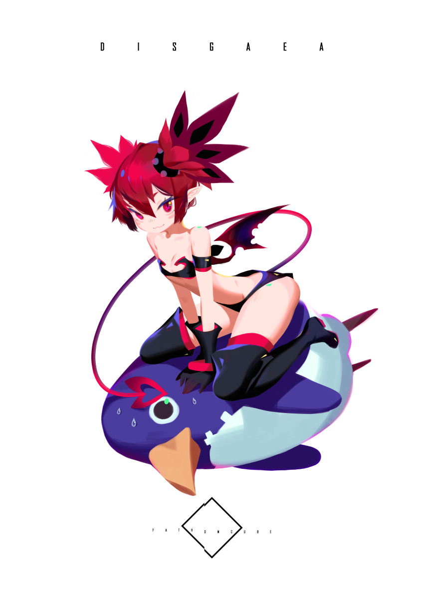 absurdres artist_name bat_wings black_gloves black_legwear commentary copyright_name demon_girl demon_tail disgaea disgaea_d2 earrings etna fathomcube flat_chest gloves hair_between_eyes highres jewelry looking_at_viewer mini_wings navel pointy_ears prinny red_eyes red_hair short_hair short_shorts shorts sitting sitting_on_person smile tail thighhighs twintails wariza white_background wings