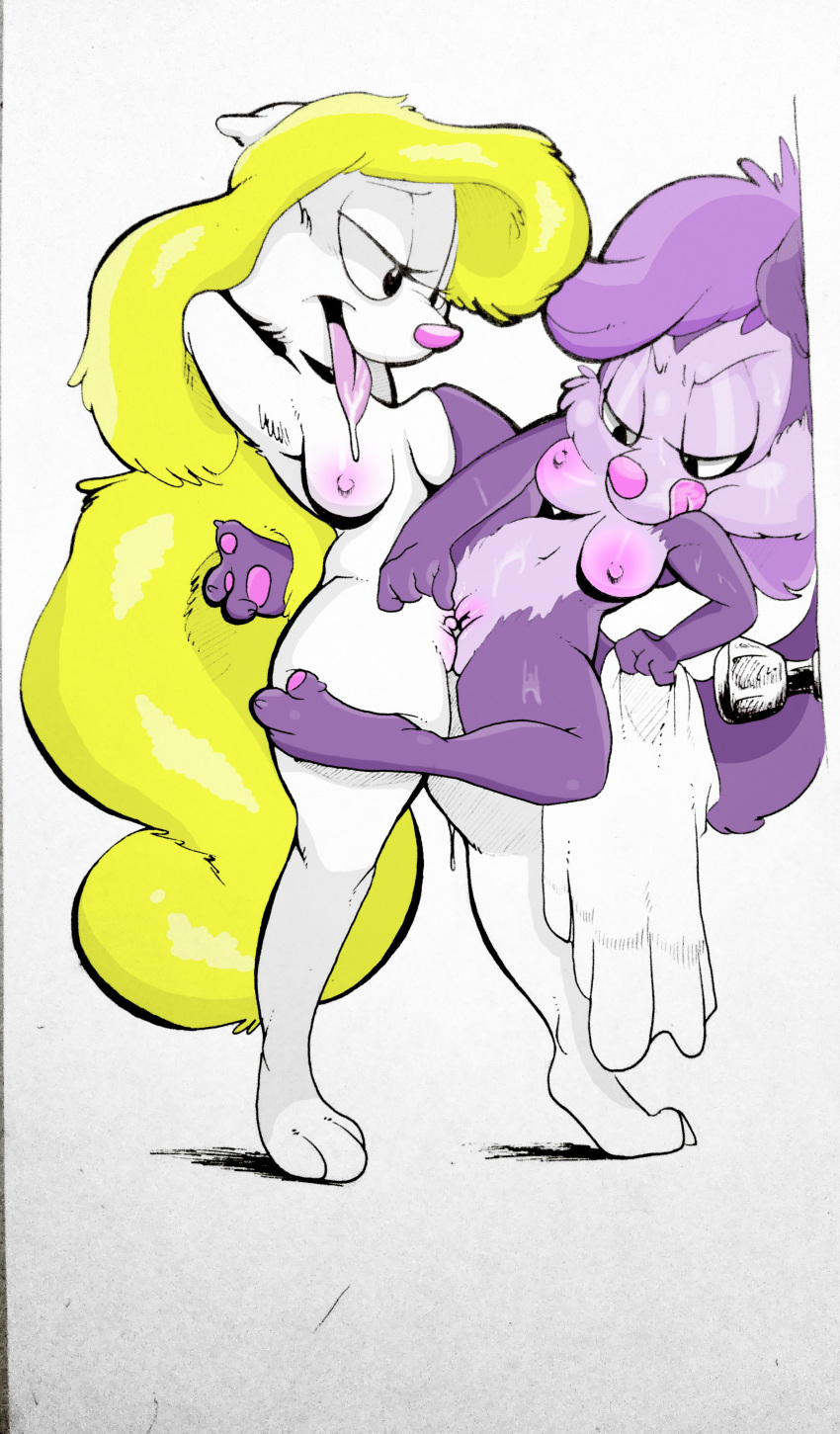 3_toes 4_fingers animaniacs anthro bedroom_eyes blonde_hair breasts clitoris cruelpastry drooling duo female female/female fifi_la_fume fur hair half-closed_eyes hi_res licking licking_lips long_hair mammal minerva_mink mink mustelid navel nipples nude open_mouth paws purple_fur purple_hair pussy saliva seductive sex simple_background skunk spread_legs spreading standing standing_sex tiny_toon_adventures toes tongue tongue_out tribadism warner_brothers white_background white_fur