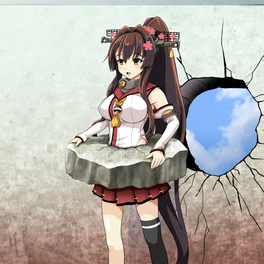 breasts brown_hair cherry_blossoms commentary cracked_wall detached_sleeves empty_eyes flower hair_flower hair_intakes hair_ornament headgear highres hole_in_wall kabe_ni_hamatte_ugokenai! kantai_collection large_breasts long_hair miniskirt open_mouth pleated_skirt ponytail red_skirt single_stripe single_thighhigh skirt solo standing stuck thighhighs tk8d32 very_long_hair wall yamato_(kantai_collection) z-flag