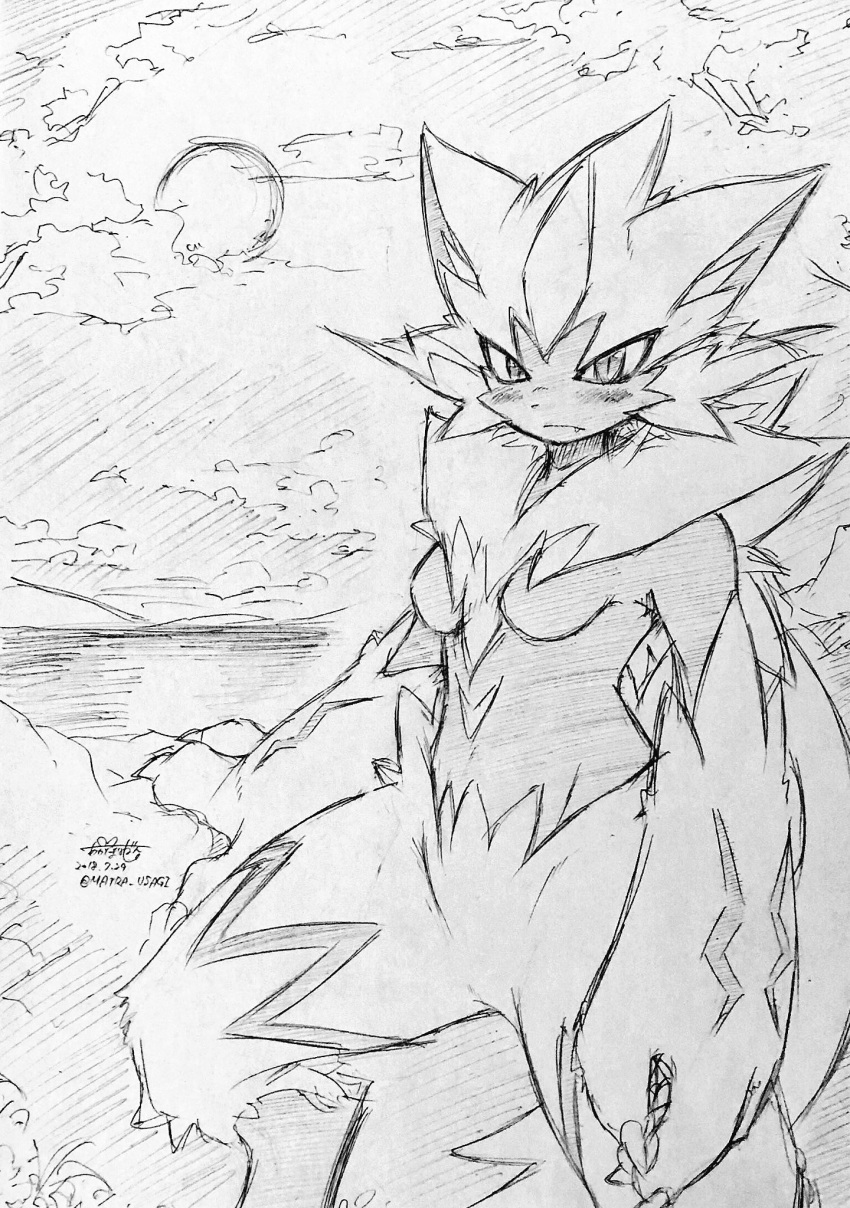 akabane_jin blush breasts colorless featureless_breasts featureless_crotch female fur looking_at_viewer moon nintendo pok&eacute;mon pok&eacute;mon_(species) standing traditional_media_(artwork) video_games zeraora