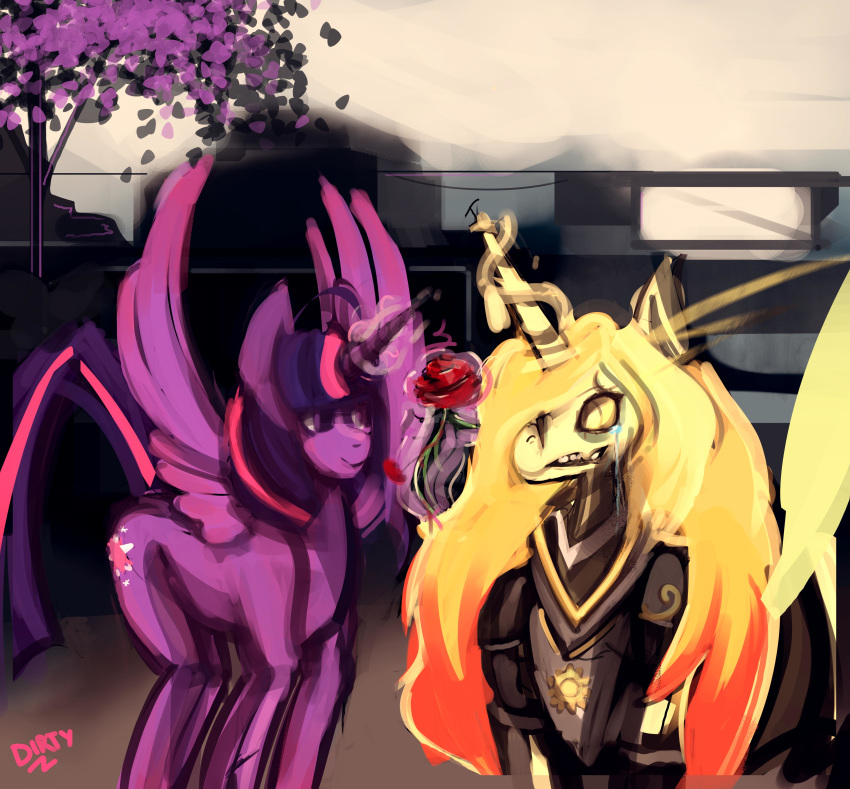 2017 absurd_res armor blonde_hair blue_hair clothed clothed_feral clothing crying cutie_mark detailed_background digital_media_(artwork) digital_painting_(artwork) dirtyscoundrel duo equine feathered_wings feathers female feral flower friendship_is_magic fur grey_armor grey_clothing hair hi_res horn looking_at_another magic mammal mane multicolored_hair multicolored_mane multicolored_tail my_little_pony orange_hair outside pink_hair plant purple_eyes purple_feathers purple_fur purple_hair purple_horn purple_nose purple_tail purple_tree purple_wings quadruped raised_wings red_mane rose signature smile snout standing tears teeth tree twilight_sparkle_(mlp) two_tone_hair two_tone_mane two_tone_tail uniform unknown_character white_sky winged_unicorn wings yellow_ears yellow_eyes yellow_fur yellow_horn yellow_mane yellow_nose yellow_sclera yellow_tail