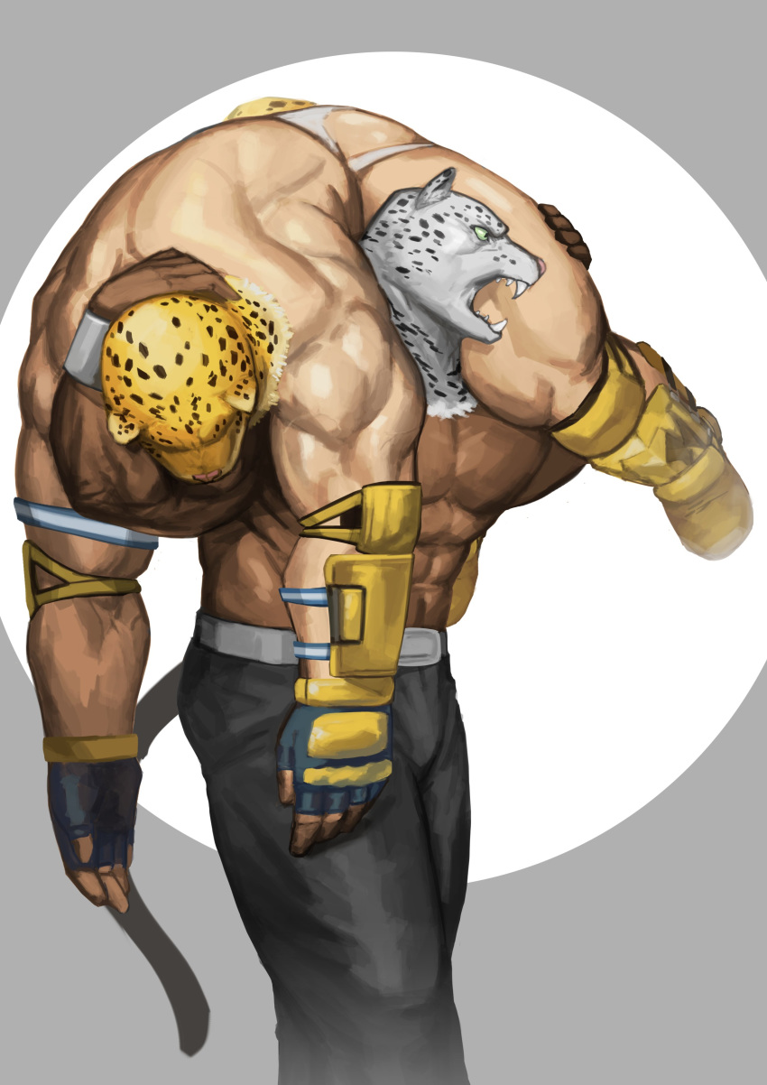 2018 5_fingers abs animal_head anthro armor_king belt clothed clothing dark_skin duo fangs footwear hi_res king_(tekken) male muscular muscular_male open_mouth pants pecs piard909 shoes tekken topless video_games wrestler wrestling