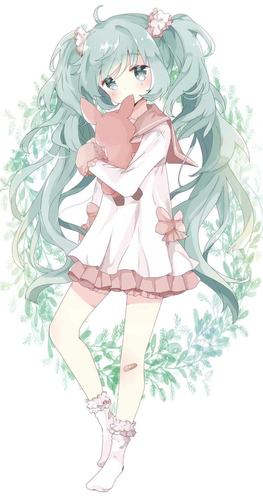 absurdres ahoge bandaid bandaid_on_knee blush bobby_socks brown_sailor_collar commentary_request covered_mouth dress green_eyes green_hair hair_ornament hair_scrunchie hatsune_miku head_tilt highres long_hair long_sleeves looking_at_viewer lots_of_laugh_(vocaloid) no_shoes object_hug sailor_collar sailor_dress scrunchie socks solo standing standing_on_one_leg stuffed_animal stuffed_bunny stuffed_toy tsukiyo_(skymint) twintails very_long_hair vocaloid white_background white_dress white_legwear white_scrunchie