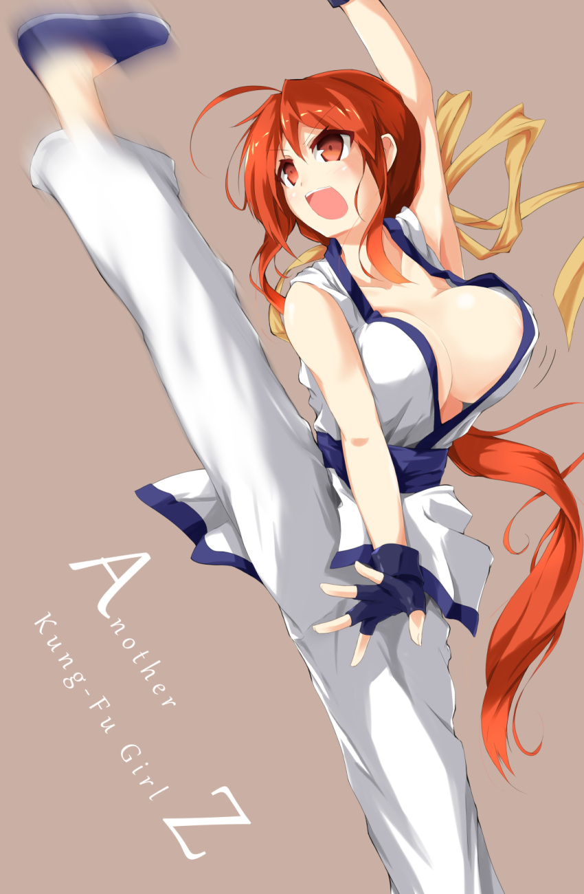 ahoge another_kung_fu_girl areola_slip areolae arm_up bangs blue_footwear blue_gloves blue_sash bouncing_breasts breasts collarbone commentary_request dai_fuku dougi english eyebrows_visible_through_hair fighting_stance fingerless_gloves flexible gloves hair_ribbon high_kick highres karate_gi kicking large_breasts leg_lift leg_up long_hair m.u.g.e.n motion_blur no_bra open_mouth ponytail red_eyes red_hair ribbon sash shoes simple_background solo split standing standing_on_one_leg standing_split v-shaped_eyebrows yellow_ribbon