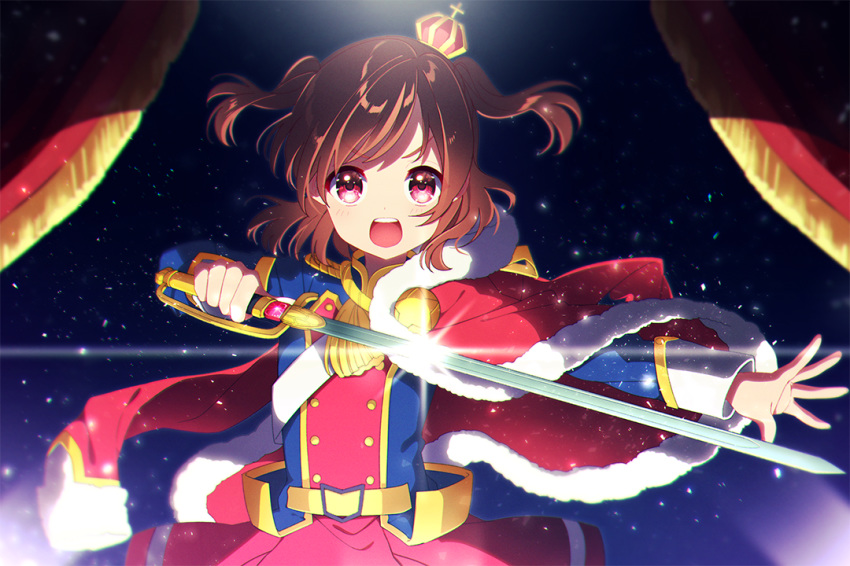 aiguillette aijou_karen belt blush brown_hair commentary_request crown double-breasted fur_trim holding holding_sword holding_weapon jacket_on_shoulders mamyouda mini_crown open_mouth outstretched_arm red_eyes sash shoujo_kageki_revue_starlight solo stage_curtains stage_lights sword tassel tilted_headwear two_side_up v-shaped_eyebrows weapon