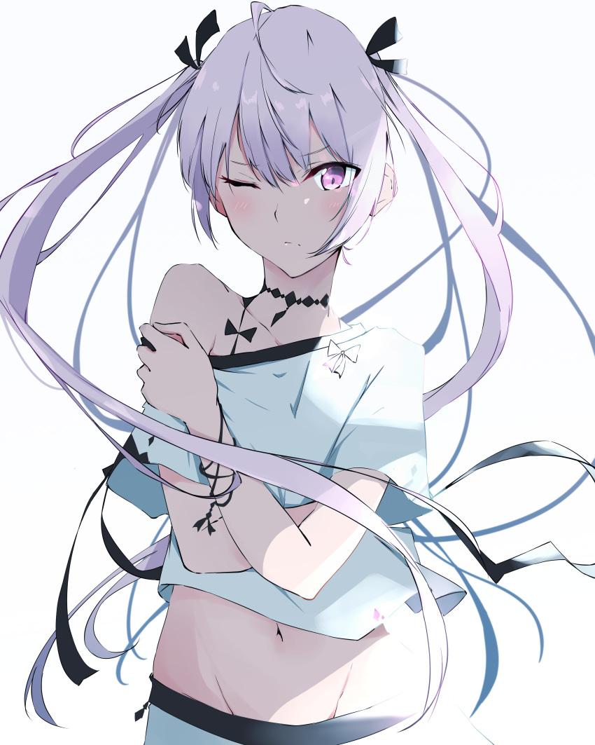 absurdres bangs black_ribbon blush closed_mouth commentary_request crop_top eyebrows_visible_through_hair eyes_visible_through_hair groin hair_between_eyes hair_ribbon highres ichiki_1 long_hair midriff navel off_shoulder one_eye_closed original purple purple_eyes ribbon self_hug sidelocks silver_hair simple_background skirt stomach swimsuit tsundere twintails white_background