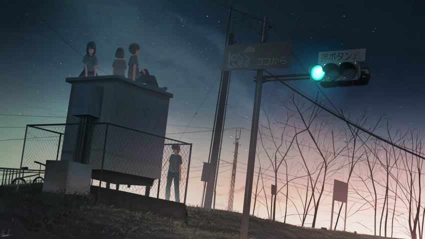 2girls absurdres banishment bicycle brown_hair cloud cloudy_sky fence grey_shirt ground_vehicle highres multiple_boys multiple_girls original outdoors revision scenery shirt short_hair short_sleeves sky standing star_(sky) starry_sky sunset traffic_light tree