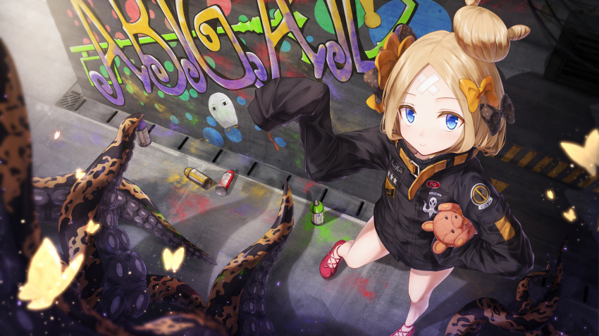 abigail_williams_(fate/grand_order) bae.c bangs black_bow black_jacket blonde_hair blue_eyes bow character_name closed_mouth fate/grand_order fate_(series) from_above graffiti hair_bow hair_bun hand_up highres jacket long_hair long_sleeves looking_at_viewer looking_up md5_mismatch medjed object_hug orange_bow parted_bangs polka_dot polka_dot_bow red_footwear shoes sleeves_past_fingers sleeves_past_wrists smile solo spray_can standing stuffed_animal stuffed_toy suction_cups teddy_bear tentacles