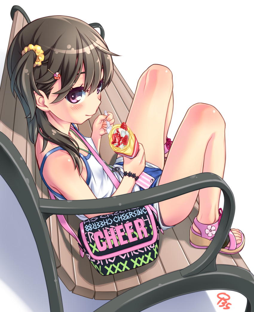 1girl aoi_kumiko bag bangs bare_legs bare_shoulders bench black_hair blush bracelet breasts cellphone crepe eating erect_nipples food fruit hair_ornament hair_scrunchie hairclip handbag highres jewelry long_hair looking_at_viewer one_side_up original phone purple_eyes sandals scrunchie short_shorts shorts simple_background sitting small_breasts smile solo spoon strawberry tank_top white_background