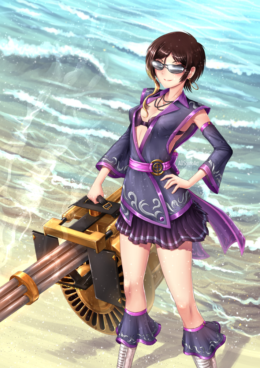 adsouto artist_name beach bikini_top breasts brown_eyes brown_hair casual coco_adel day detached_sleeves gatling_gun glowing_gun_barrel gun hand_on_hip highres holding holding_gun holding_weapon jewelry looking_at_viewer medium_breasts necklace pleated_skirt rwby skirt smile solo standing steam sunglasses water watermark weapon wind