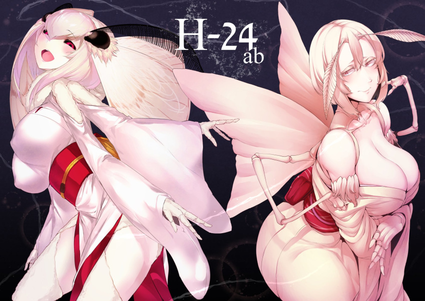 :d antennae bare_shoulders black_sclera blonde_hair blush breasts cleavage closed_mouth collaboration commentary_request covered_nipples extra_arms eyebrows_visible_through_hair fewer_digits highres insect_girl insect_wings japanese_clothes kimono large_breasts looking_at_viewer mashiro_(solopipb) monster_girl moth_girl moth_wings multiple_girls nakamura_regura obi off_shoulder open_mouth original red_eyes sash short_hair smile solopipb standing white_hair white_kimono wings