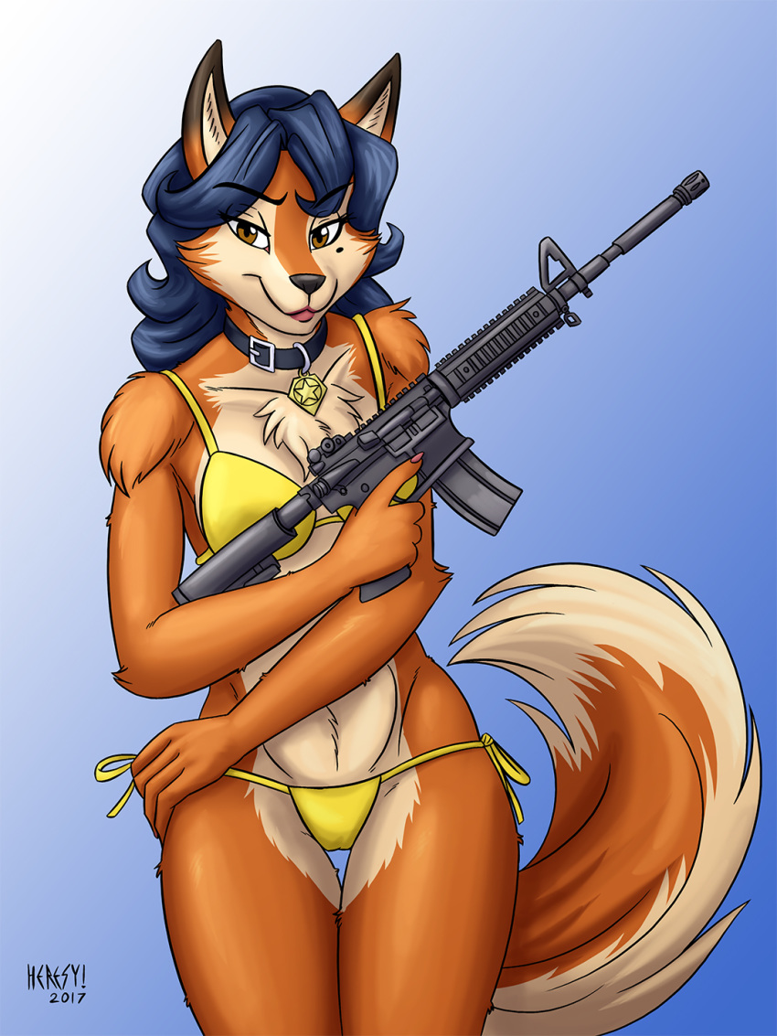 anthro ar-15 assault_rifle beauty_mark bikini blue_hair bra brown_eyes camel_toe canine carmelita_fox chest_tuft clothed clothing collar female fox fully_clothed fur gun hair heresy_(artist) holding_object holding_weapon looking_at_viewer mammal multicolored_fur multicolored_tail orange_fur ranged_weapon rifle simple_background skimpy sly_cooper_(series) smile solo swimsuit trigger_discipline tuft two_tone_fur underwear video_games weapon