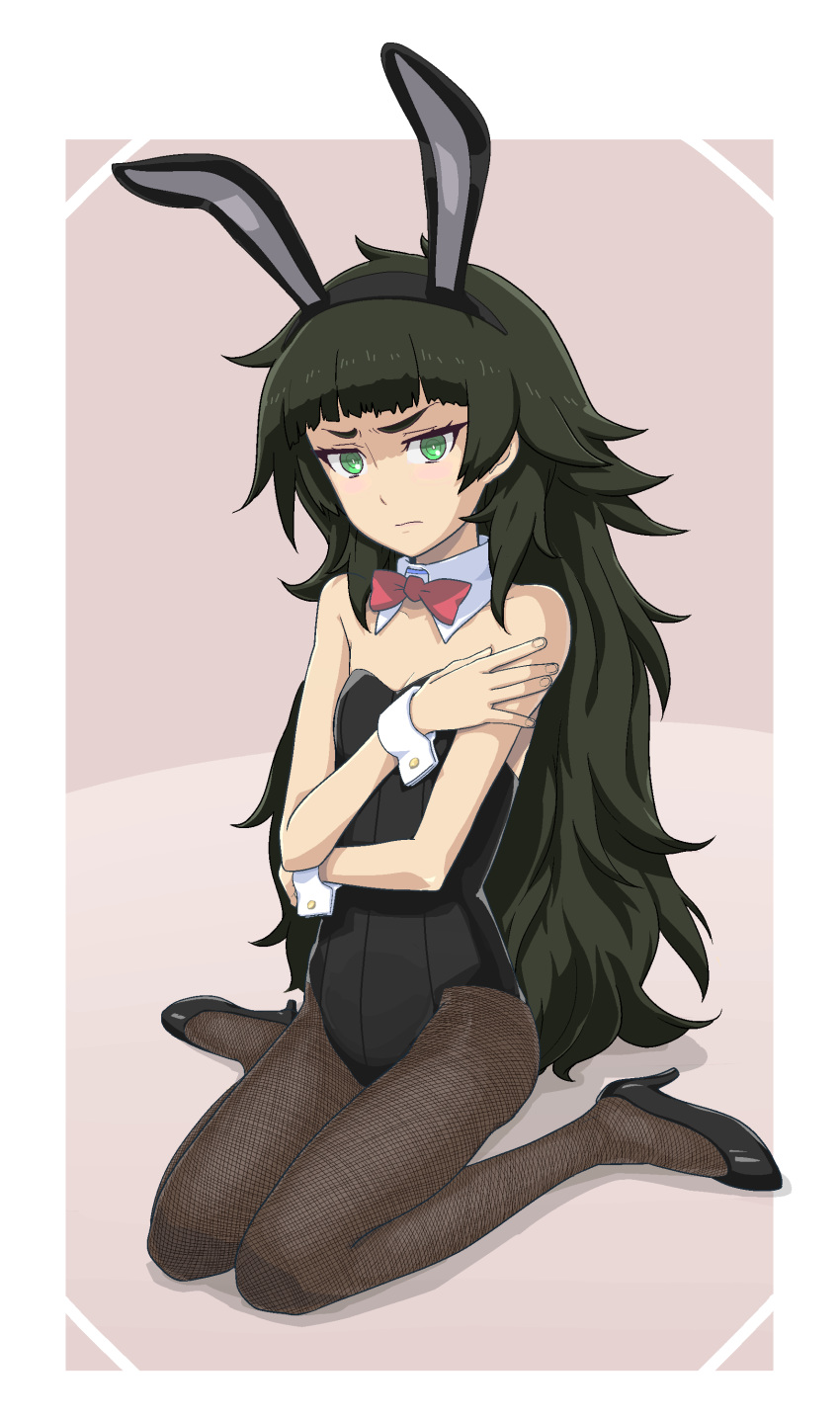 absurdres animal_ears bangs bare_shoulders black_footwear black_hair black_legwear blunt_bangs blush bow bowtie breasts bunny_ears bunnysuit cleavage detached_collar fishnet_legwear fishnets green_eyes hairband high_heels highres hiyajou_maho long_hair looking_at_viewer menomorute sitting small_breasts solo steins;gate steins;gate_0 thick_eyebrows wariza wavy_mouth wrist_cuffs