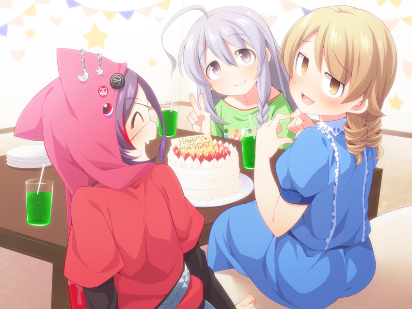 :d ahoge animal_ears animal_hood bangs blue_dress blush braid breasts brown_eyes cake closed_eyes crescent cup dress drink drinking_glass drinking_straw eyebrows_visible_through_hair fang fingers_together food green_shirt grey_eyes hair_between_eyes happy_birthday hayasaka_mirei head_tilt heart hood hood_up hoshi_shouko idolmaster idolmaster_cinderella_girls light_brown_hair long_sleeves morikubo_nono multicolored_hair multiple_girls open_mouth parted_lips pennant plate profile puffy_short_sleeves puffy_sleeves purple_hair red_hair red_shirt ringlets shirt short_over_long_sleeves short_sleeves side_braid silver_hair single_braid small_breasts smile star streaked_hair string_of_flags ushi v