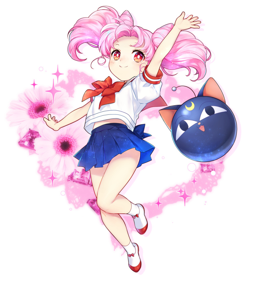 1girl arm_up back_bow bangs bare_arms bare_legs bishoujo_senshi_sailor_moon blue_bow blue_skirt bow chibi_usa closed_mouth double_bun flower full_body highres looking_at_viewer luna-p parted_bangs pink_hair pleated_skirt red_bow red_eyes red_sailor_collar riq sailor_collar school_uniform serafuku shirt shoes short_hair simple_background skirt smile socks toy twintails white_background white_footwear white_legwear white_shirt