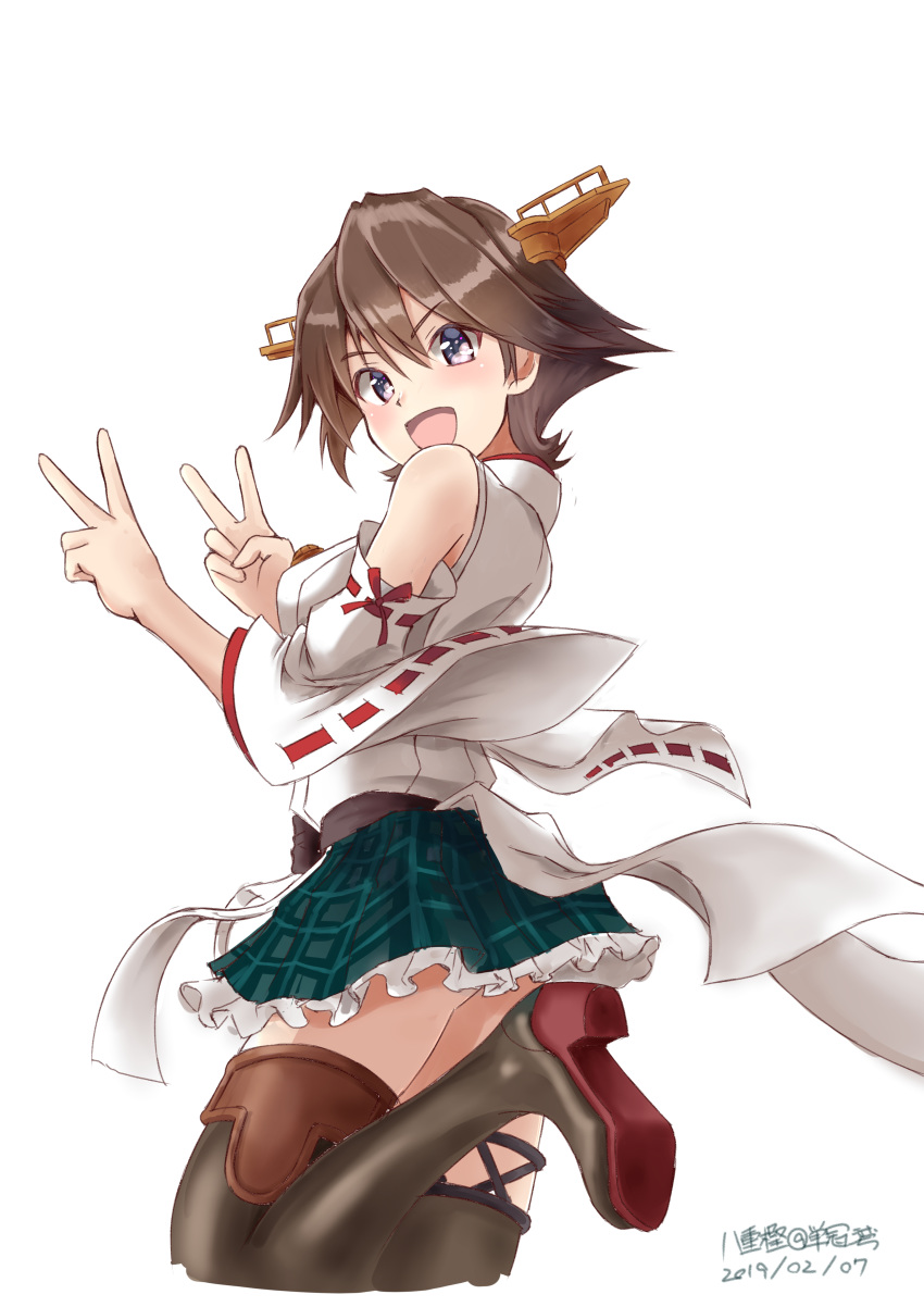 absurdres bare_shoulders boots brown_hair detached_sleeves flipped_hair frilled_skirt frills green_skirt hairband headgear hiei_(kantai_collection) highres japanese_clothes kantai_collection looking_at_viewer looking_back muzzuleflash nontraditional_miko open_mouth plaid remodel_(kantai_collection) ribbon-trimmed_sleeves ribbon_trim short_hair simple_background skirt standing standing_on_one_leg thigh_boots thighhighs v white_background
