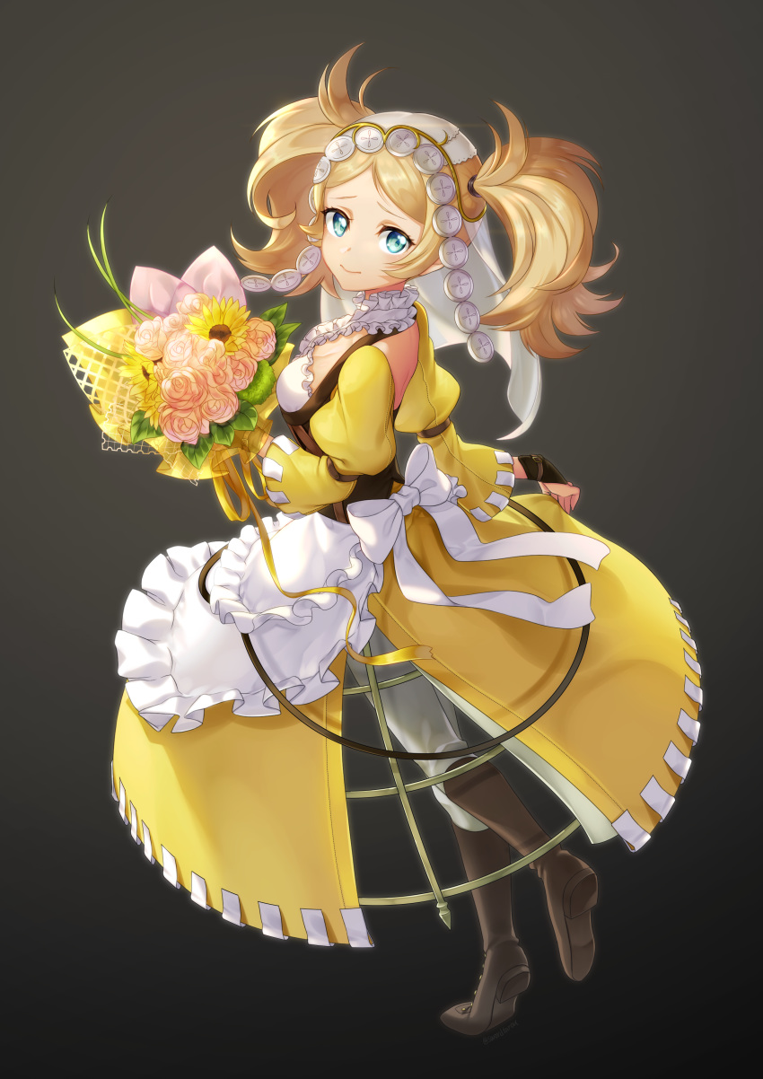 absurdres apron bangs black_background blonde_hair blue_eyes boots bouquet breasts cleavage corset dress fingerless_gloves fire_emblem fire_emblem:_kakusei flower full_body gloves hair_ornament highres liz_(fire_emblem) looking_at_viewer miyakawa_koromo pants parted_bangs simple_background small_breasts solo standing sunflower tareme twintails veil yellow_dress