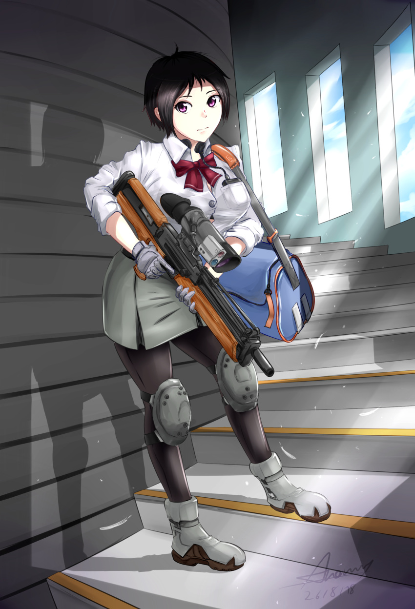 aldnoah.zero amifumi_inko anomonny black_hair black_legwear boots bow bowtie bullpup gun knee_pads pantyhose purple_eyes rifle school_uniform shirt skirt sniper_rifle solo spiral_staircase stairs walther walther_wa_2000 weapon