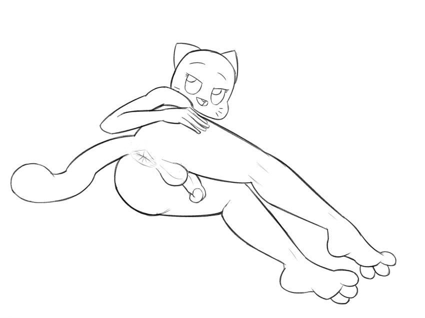 2018 absurd_res anthro anus balls butt cartoon_network cat crossgender dickgirl digital_media_(artwork) feet feline flaccid half-closed_eyes hand_on_butt hi_res humanoid_penis intersex looking_back lying mammal monochrome nicole_watterson nude on_side penis presenting presenting_hindquarters simple_background smile solo spread_butt spreading the_amazing_world_of_gumball whiskers white_background zambs