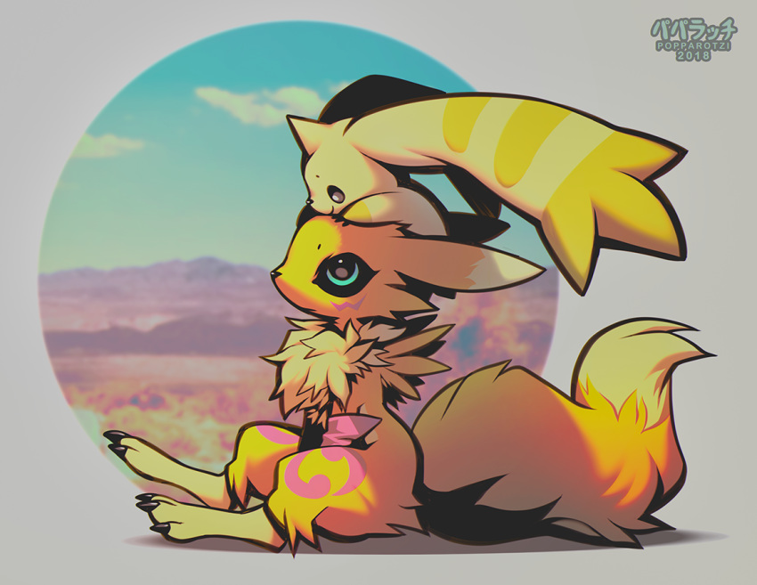 2018 abstract_background ambiguous_gender anthro big_ears big_eyes black_nose blue_eyes chest_tuft chibi claws digimon digimon_(species) duo falvie fluffy fluffy_tail fur horn looking_up popparotzi renamon semi-anthro side_view sitting tan_fur terriermon toe_claws tuft yellow_fur